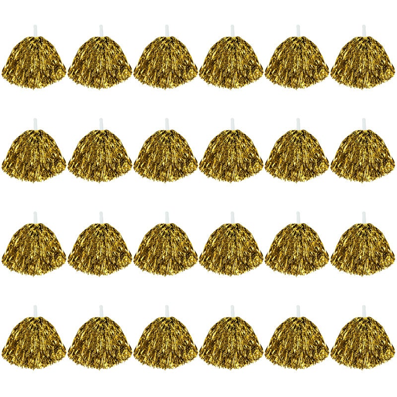 CUGBO 24Pcs Cheerleading Pom Poms, 1 Dozen Handle Metallic Foil Flower Ribbons Cheerleader Pompoms, Kids Children Ball Dance Sports Coaches Game Party Fancy (Gold) - Image 1
